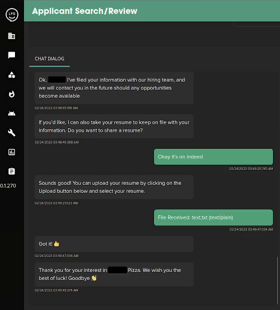 Photo of a conversation between the application bot and a candidate