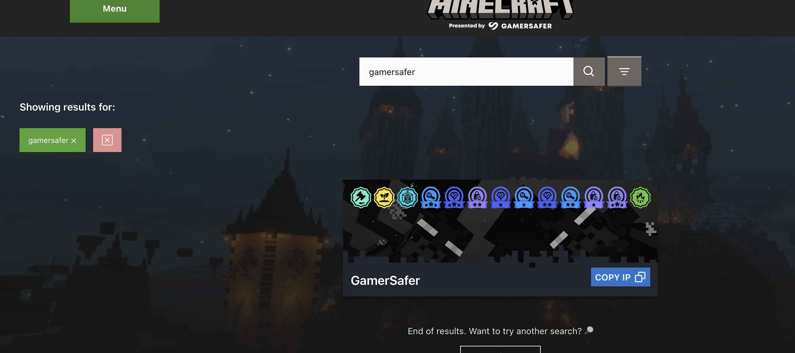 find minecraft server serverlist, a server named "gamersafer" which is mine with all of the available badges, approved