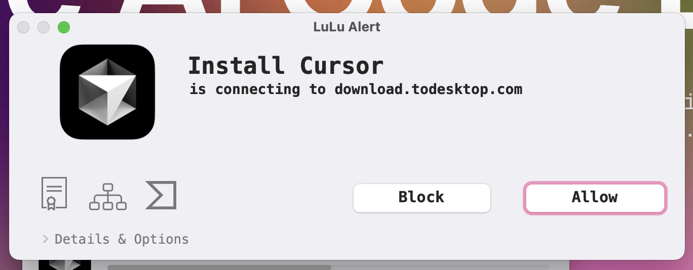 A Lulu alert, showing that "Install the cursor" trying to connect to "Download.todesktop.com"